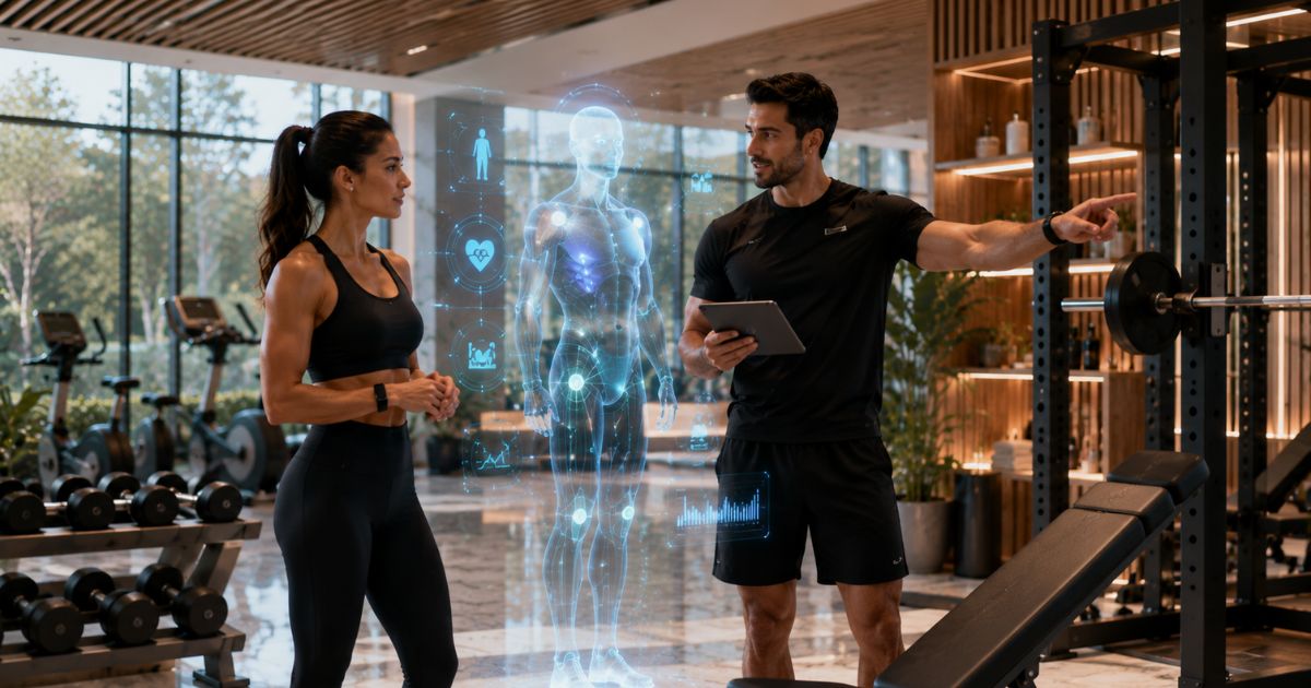 Gym members using AI trainers for personalized fitness guidance