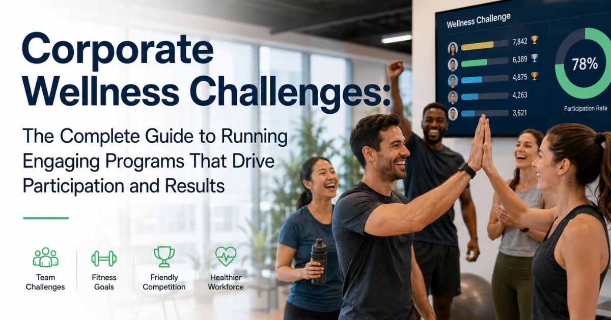 Employees participating in a corporate wellness challenge — walking together, checking leaderboards, and celebrating milestones with team camaraderie.