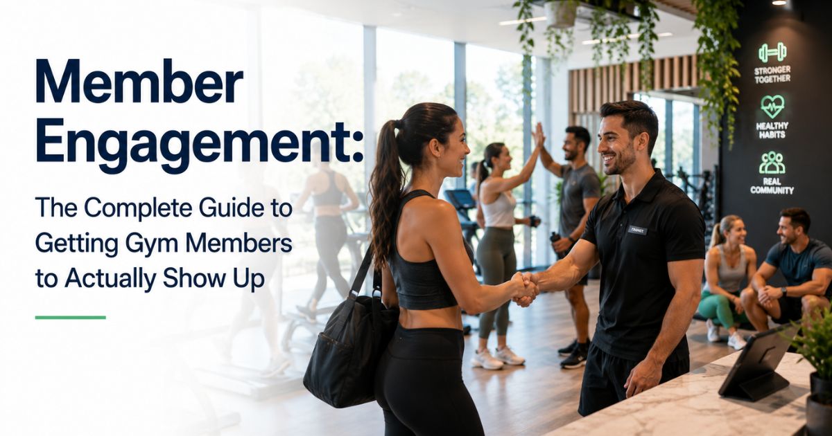 Gym member engagement funnel showing awareness, sign‑up, activation, sustained engagement, and advocacy stages with trainers guiding members in group fitness classes.