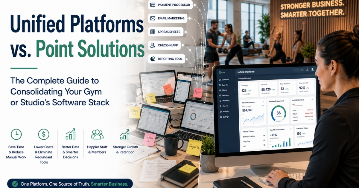 Illustration of fragmented gym software tools merging into one unified fitness platform dashboard