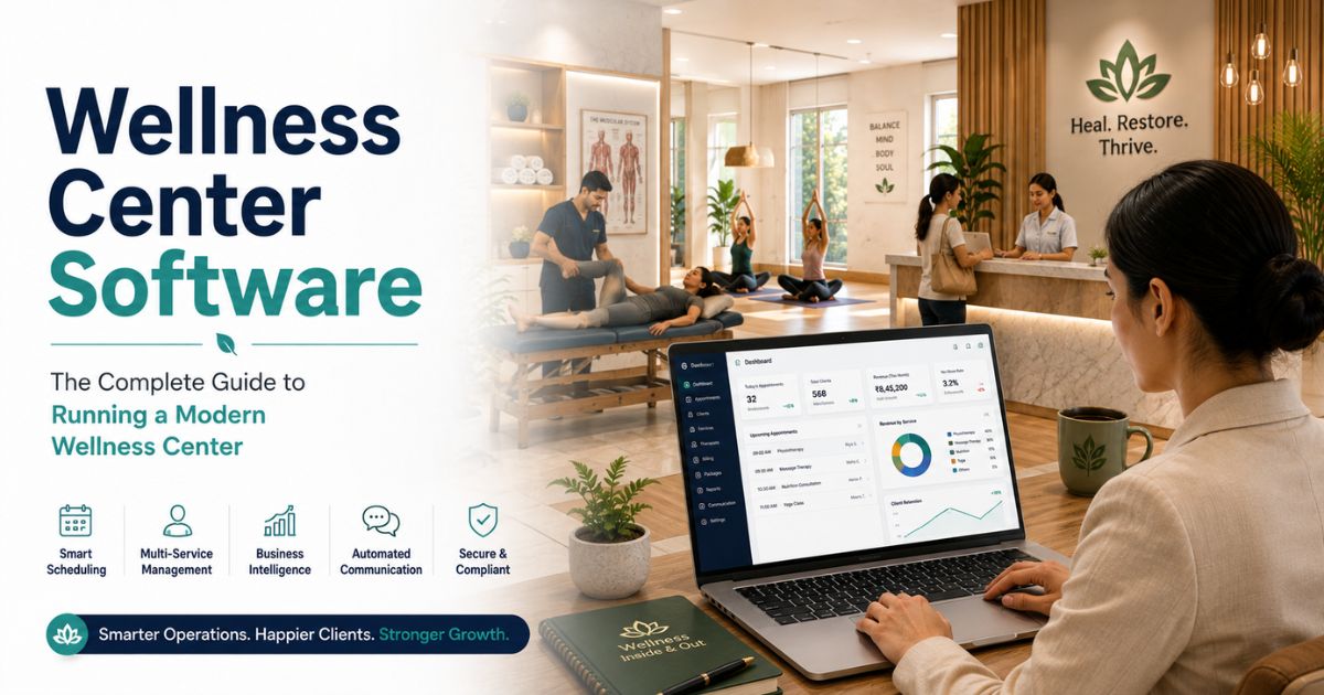 AI-powered wellness center software dashboard showing therapist schedules, client bookings, and revenue insights in a modern, minimalist interface.