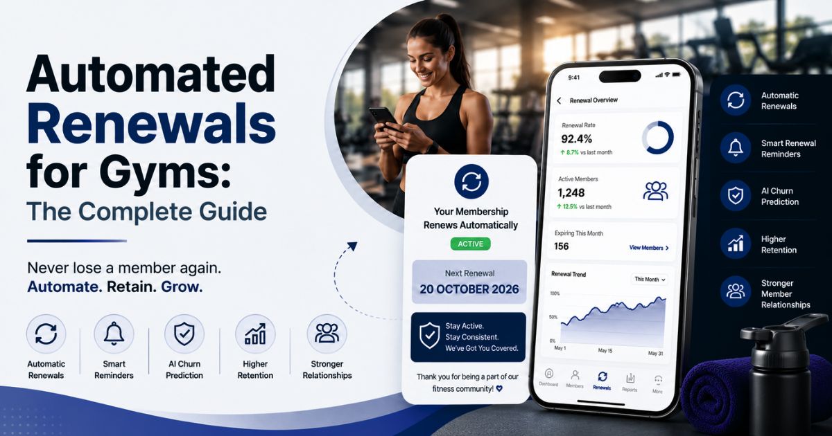 Illustration of a gym front desk with digital renewal notifications, showing members seamlessly checking in with automated systems powered by Fitzpot.