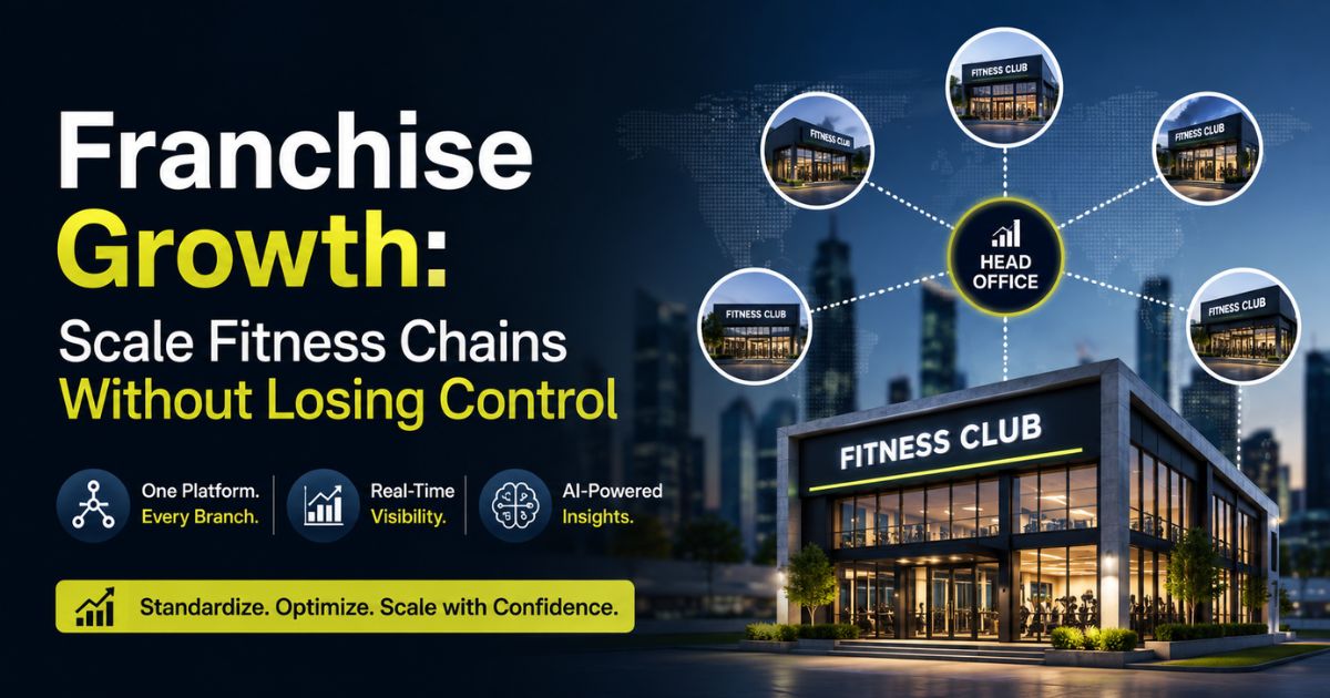  Illustration of fitness franchise growth showing multiple gym branches connected to a central dashboard, symbolizing unified member data, AI analytics, and streamlined operations.
