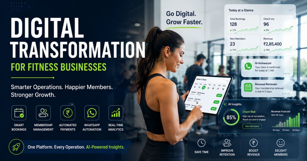 Digital transformation for fitness businesses — unified platform dashboard illustration showing bookings, payments, and analytics