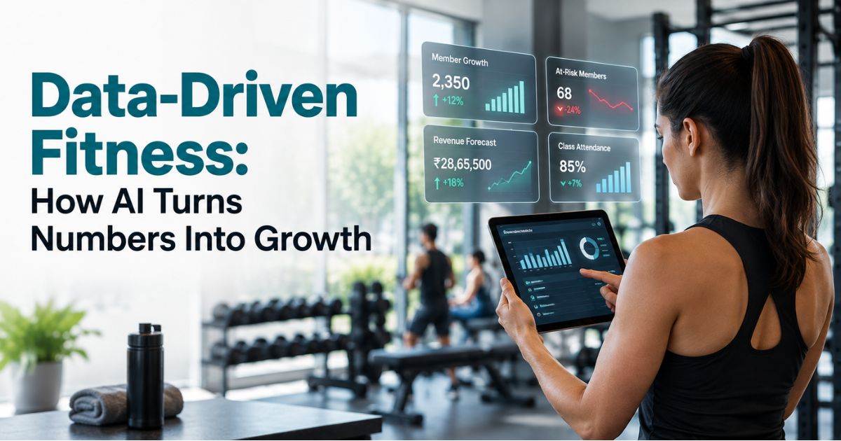 AI-powered fitness dashboard showing member attendance trends, revenue forecasts, and churn prediction insights for gyms and studios.