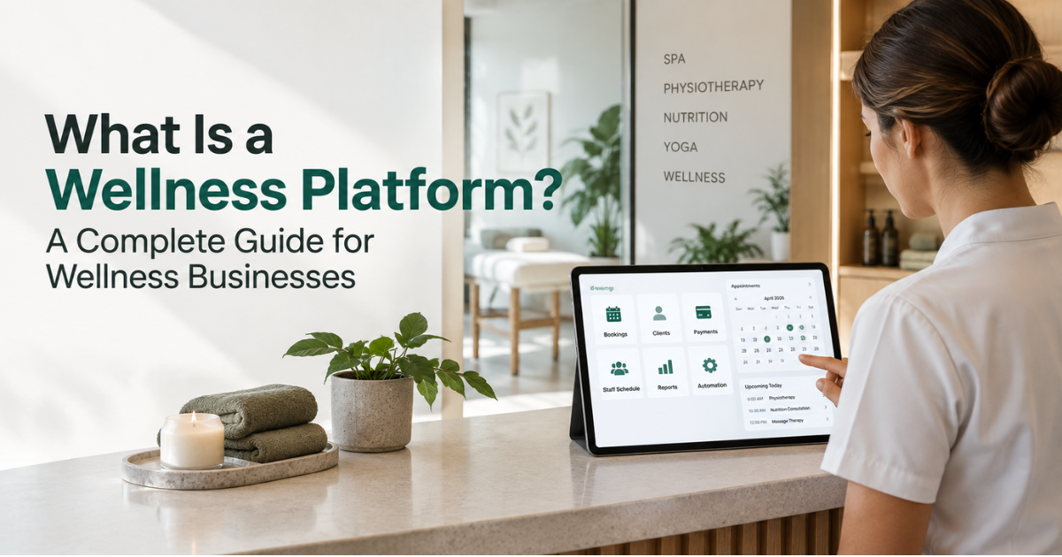 Dashboard view of a modern wellness platform showing appointment booking, client records, billing and AI-powered analytics.